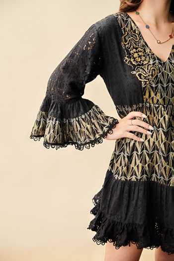 Cin Cin_Black Cotton Eldora Bell Sleeve Dress_Online_at_Aza_Fashions