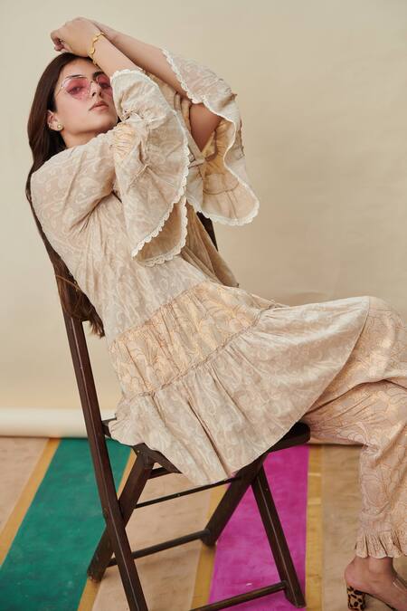 Cin Cin_Beige Arena Cotton A-line Kurta And Pant Set_Online_at_Aza_Fashions
