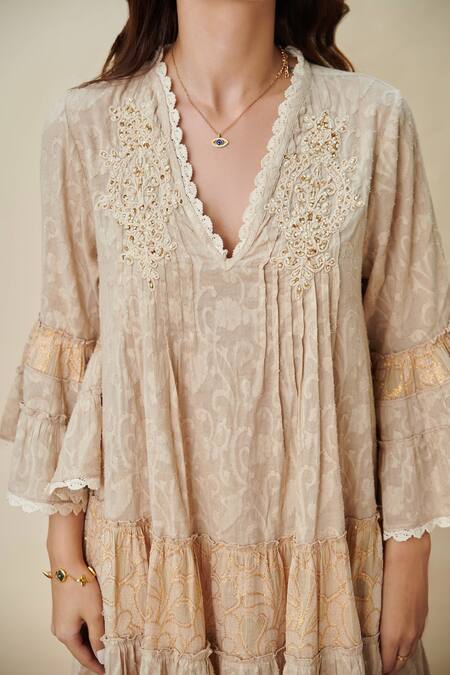 Buy_Cin Cin_Beige Arena Cotton A-line Kurta And Pant Set_Online_at_Aza_Fashions