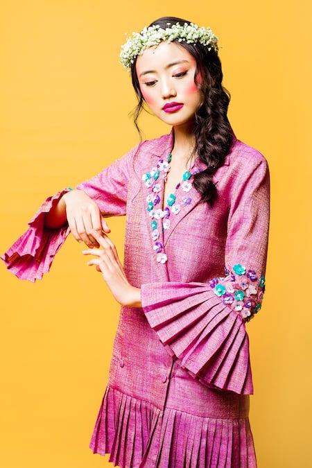 Nitara Dhanraj Label_Purple Thin Jute Silk 3d Floral Applique Lapel Collar Pleated Blazer Dress _Online_at_Aza_Fashions