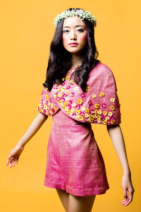 Nitara Dhanraj Label_Pink Thin Jute Silk 3d Floral Applique High Neck Cape And Playsuit Set _Online_at_Aza_Fashions