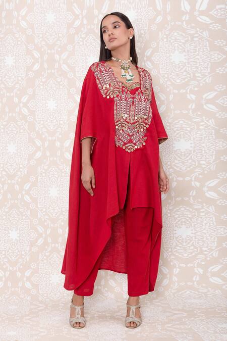 Inej_Red Rayon Flex Floral, Sequin V Neck Asymmetric Kurta And Pant Set_Online_at_Aza_Fashions