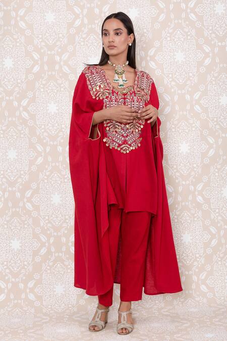 Buy_Inej_Red Rayon Flex Floral, Sequin V Neck Asymmetric Kurta And Pant Set_Online_at_Aza_Fashions