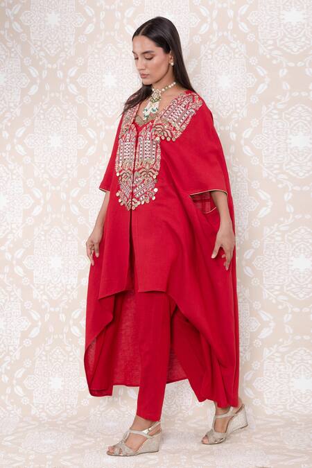 Shop_Inej_Red Rayon Flex Floral, Sequin V Neck Asymmetric Kurta And Pant Set_Online_at_Aza_Fashions