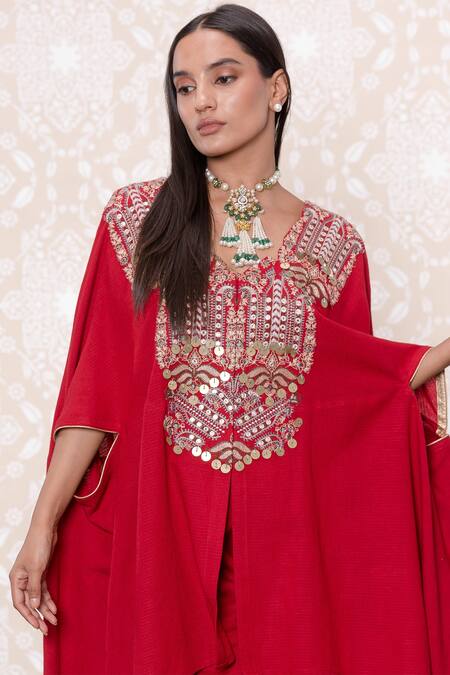 Inej_Red Rayon Flex Floral, Sequin V Neck Asymmetric Kurta And Pant Set_at_Aza_Fashions
