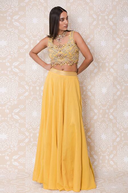 Inej_Yellow Rayon Flex Floral, Sequin Round Lehenga And Embroidered Blouse Set_Online_at_Aza_Fashions