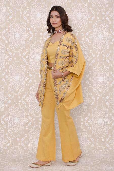 Buy Inej Yellow Rayon Flex Floral, Sequin Crop Top Sweetheart, Embroidered And Pant Set Online at Aza Fashions Buy_Inej_Yellow Rayon Flex Floral, Sequin Crop Top Sweetheart, Embroidered And Pant Set_Online_at_Aza_Fashions