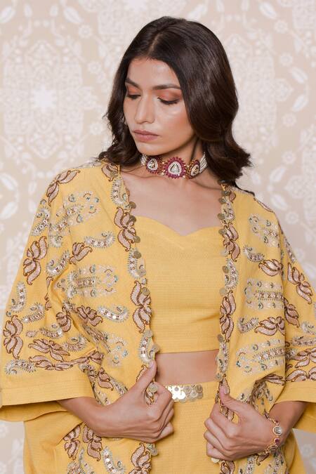 Shop Inej Yellow Rayon Flex Floral, Sequin Crop Top Sweetheart, Embroidered And Pant Set Online at Aza Fashions Shop_Inej_Yellow Rayon Flex Floral, Sequin Crop Top Sweetheart, Embroidered And Pant Set_Online_at_Aza_Fashions
