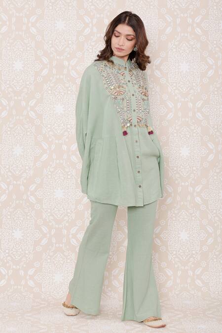 Inej_Green Rayon Flex Floral, Sequin Mandarin Collar Draped Cape Top And Pant Set_Online_at_Aza_Fashions