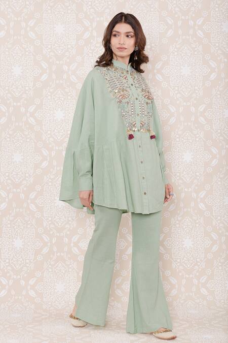 Buy_Inej_Green Rayon Flex Floral, Sequin Mandarin Collar Draped Cape Top And Pant Set_Online_at_Aza_Fashions