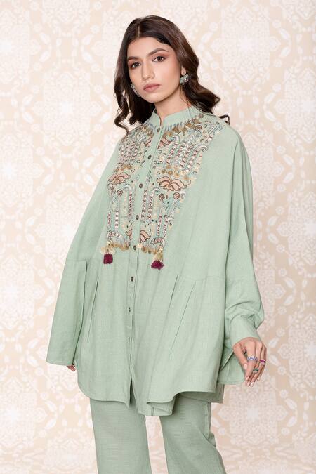 Shop_Inej_Green Rayon Flex Floral, Sequin Mandarin Collar Draped Cape Top And Pant Set_Online_at_Aza_Fashions