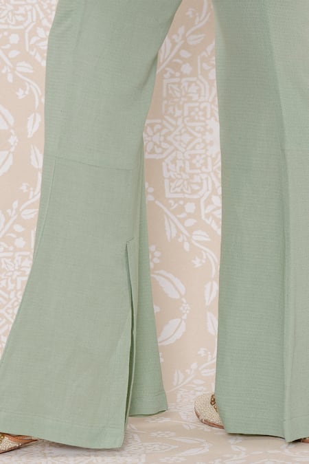 Inej_Green Rayon Flex Floral, Sequin Mandarin Collar Draped Cape Top And Pant Set_at_Aza_Fashions