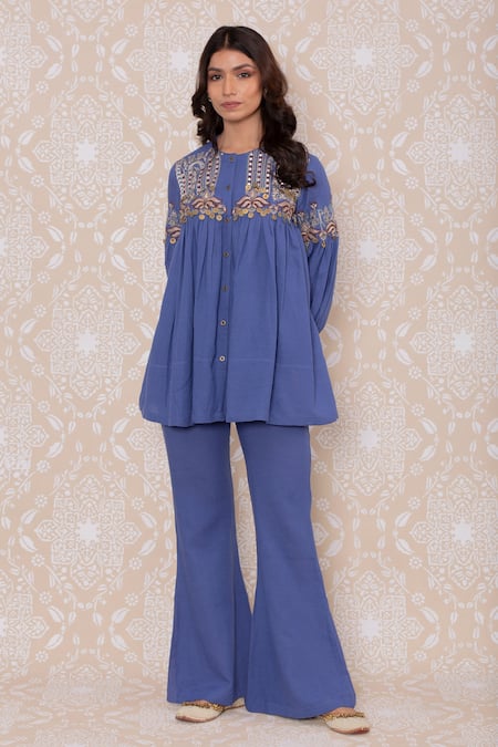 Buy Blue Rayon Flex Embroidered Floral Round Top And Bell Bottom