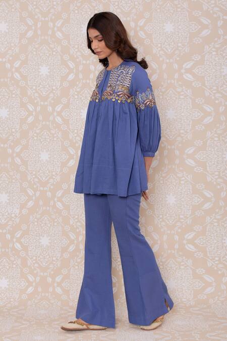 Buy_Inej_Blue Rayon Flex Floral, Sequin Round Top And Bell Bottom Pant Set_Online_at_Aza_Fashions