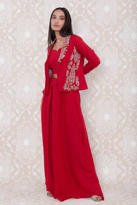 Inej Red Rayon Flex Floral, Sequin Bustier Sweetheart Neck, Embroidered And Pant Set Online at Aza Fashions Inej_Red Rayon Flex Floral, Sequin Bustier Sweetheart Neck, Embroidered And Pant Set_Online_at_Aza_Fashions