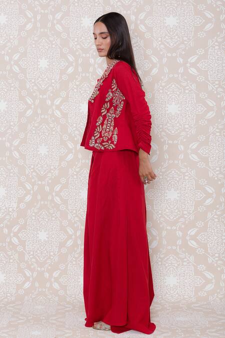 Buy Inej Red Rayon Flex Floral, Sequin Bustier Sweetheart Neck, Embroidered And Pant Set Online at Aza Fashions Buy_Inej_Red Rayon Flex Floral, Sequin Bustier Sweetheart Neck, Embroidered And Pant Set_Online_at_Aza_Fashions