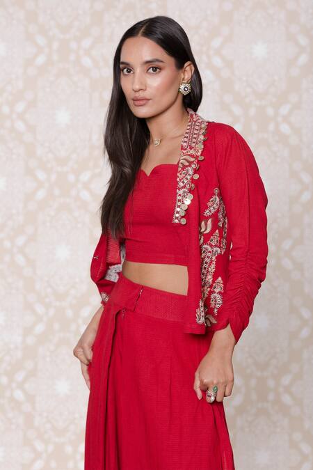 Inej Red Rayon Flex Floral, Sequin Bustier Sweetheart Neck, Embroidered And Pant Set at Aza Fashions Inej_Red Rayon Flex Floral, Sequin Bustier Sweetheart Neck, Embroidered And Pant Set_at_Aza_Fashions