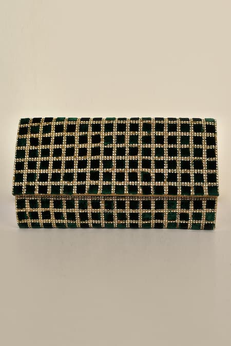 Shop Alor Bags Green Crystals Makhmali Envelope Clutch at Aza Fashions Shop_Alor Bags_Green Crystals Makhmali Envelope Clutch _at_Aza_Fashions