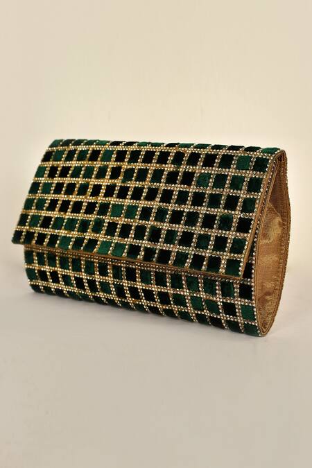 Alor Bags Green Crystals Makhmali Envelope Clutch Online at Aza Fashions Alor Bags_Green Crystals Makhmali Envelope Clutch _Online_at_Aza_Fashions