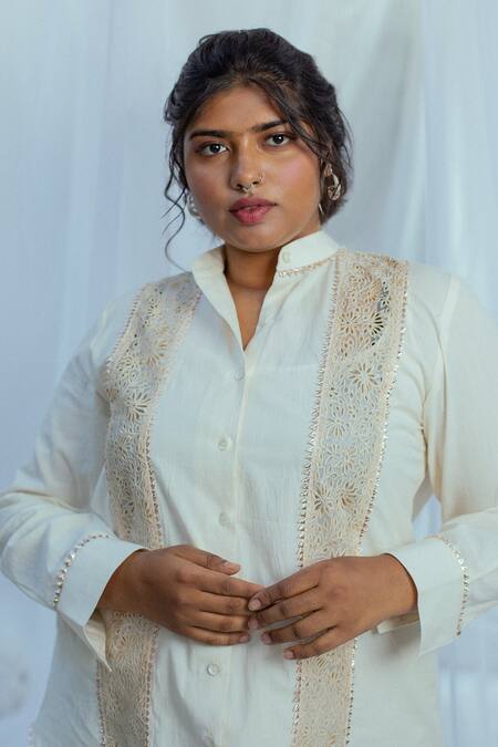 Buy_Latha Puttanna_White Hand Woven Cotton Floral Motifs Anishka Shirt _Online_at_Aza_Fashions