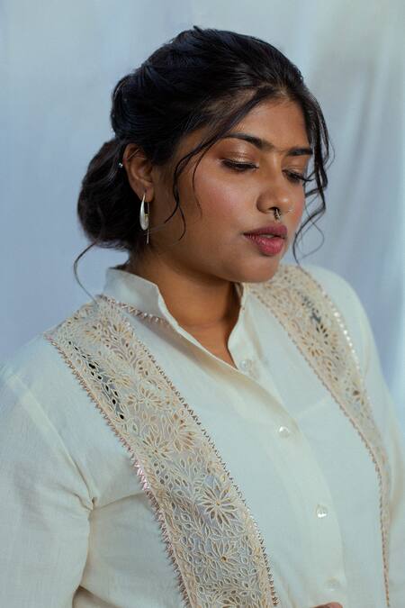 Shop_Latha Puttanna_White Hand Woven Cotton Floral Motifs Anishka Shirt _Online_at_Aza_Fashions