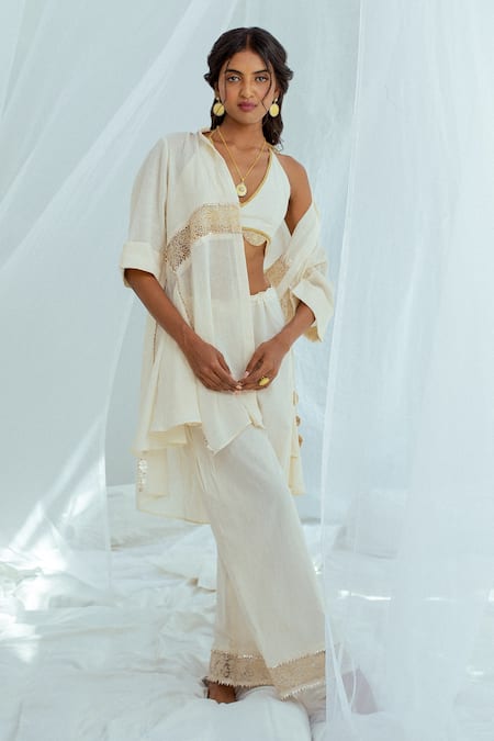 Latha Puttanna White Hand Woven Cotton Floral Motifs Chetna Coat