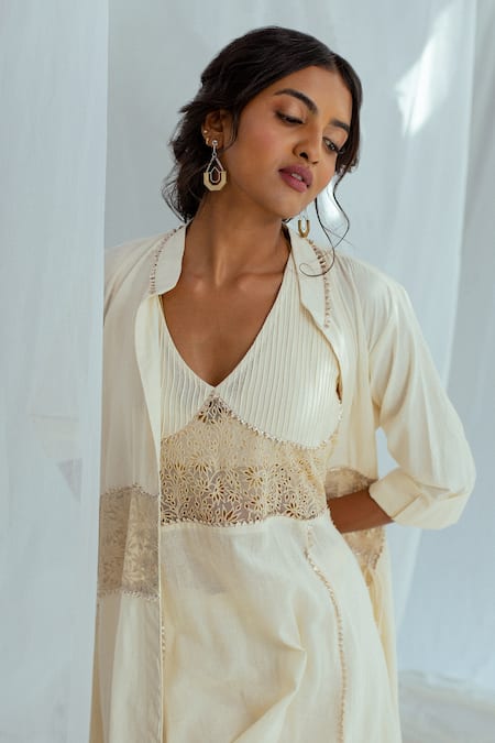 Shop Latha Puttanna White Hand Woven Cotton Floral Motifs V Neck Pranitha Tunic at Aza Fashions Shop_Latha Puttanna_White Hand Woven Cotton Floral Motifs V Neck Pranitha Tunic _at_Aza_Fashions