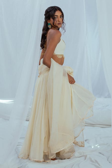 LATHA PUTTANNA_White Hand Woven Cotton Plain Tanaya Skirt _Online_at_Aza_Fashions