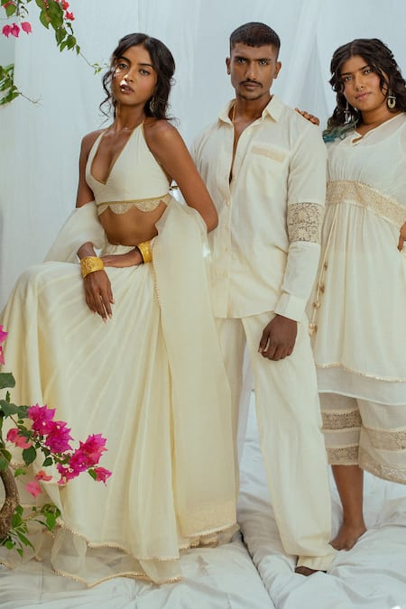 Shop_LATHA PUTTANNA_White Hand Woven Cotton Plain Tanaya Skirt _Online_at_Aza_Fashions
