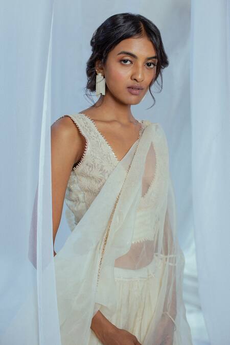 Buy Latha Puttanna White Hand Woven Cotton Floral Motifs Plunge V Neck Chandini Blouse Online at Aza Fashions Buy_Latha Puttanna_White Hand Woven Cotton Floral Motifs Plunge V Neck Chandini Blouse _Online_at_Aza_Fashions