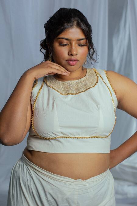 Buy Latha Puttanna White Hand Woven Cotton Floral Motifs Round Eksha Blouse Online at Aza Fashions Buy_Latha Puttanna_White Hand Woven Cotton Floral Motifs Round Eksha Blouse _Online_at_Aza_Fashions