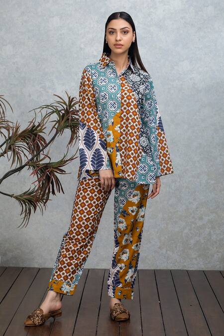 Rhe-Ana_Brown Cotton Floral , Geometric Straight Cyan Shirt And Pant Set _Online_at_Aza_Fashions