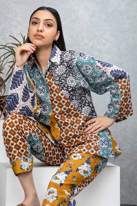 Rhe-Ana_Brown Cotton Floral , Geometric Straight Cyan Shirt And Pant Set _at_Aza_Fashions