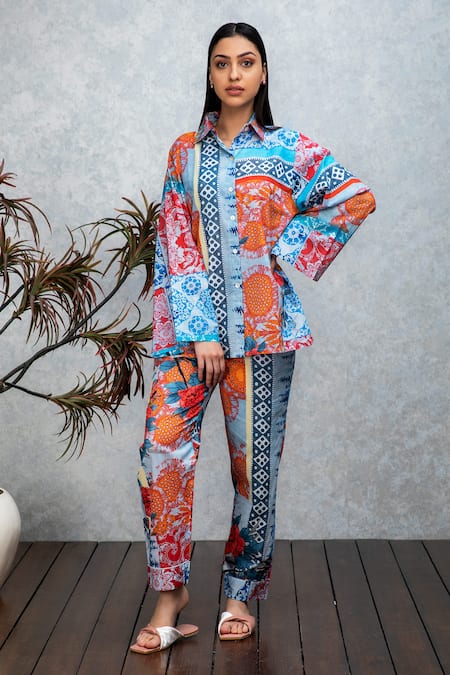 Rhe-Ana Coral Printed Shirt & Pant Set  