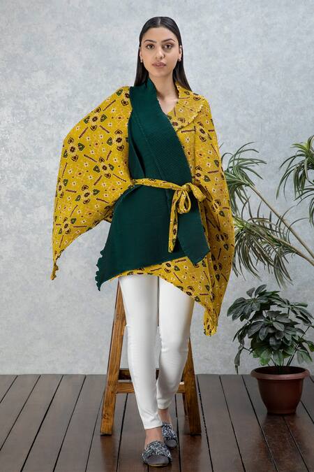 Buy_Rhe-Ana_Yellow Patola Print Flap Collar Yana Wrap Cape _Online_at_Aza_Fashions