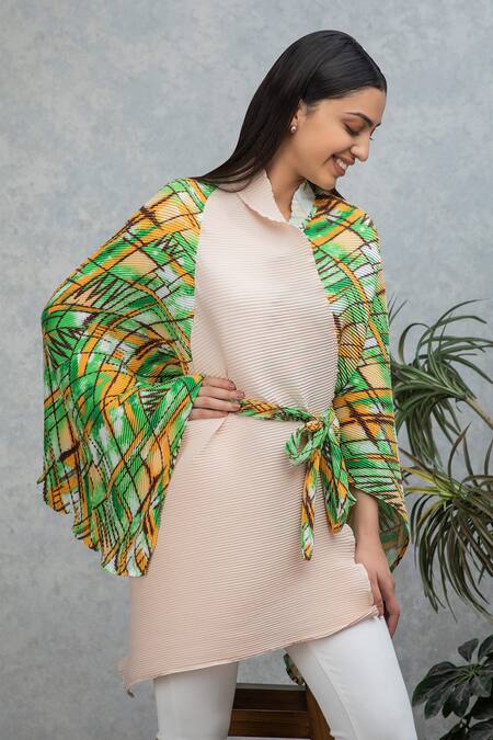 Shop_Rhe-Ana_Green Flap Collar Mari Printed Wrap Cape _Online_at_Aza_Fashions