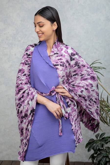 Shop_Rhe-Ana_Purple Floral Print Flap Collar Zara Wrap Cape _Online_at_Aza_Fashions