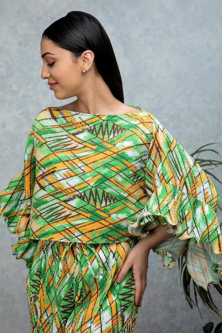 Rhe-Ana_Green Pleated Abstract Print Boat Neck Cynthia Cape _Online_at_Aza_Fashions