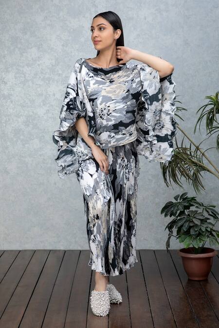 Rhe-Ana_Grey Pleated Floral Print Boat Neck Gia Cape _Online_at_Aza_Fashions