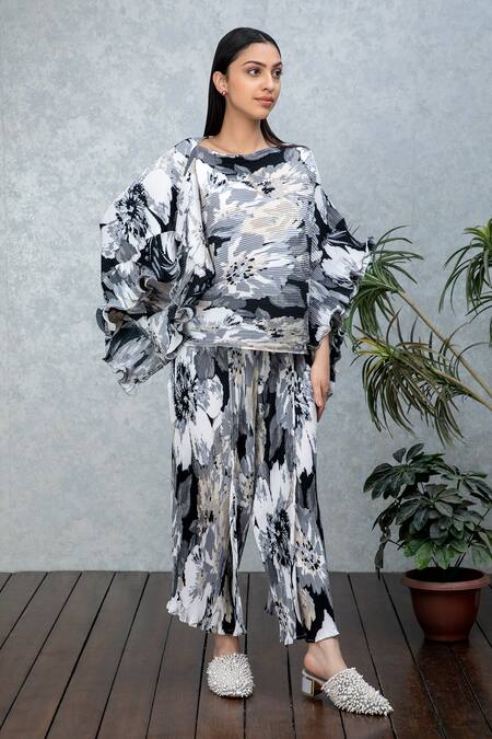 Buy_Rhe-Ana_Grey Pleated Floral Print Boat Neck Gia Cape _Online_at_Aza_Fashions