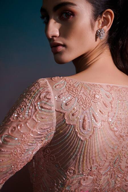 Shop Anjali Kanwar Pink Net, Pure Silk Organza Floral Boat Neck Embellished Anarkali Set Online at Aza Fashions Shop_Anjali Kanwar_Pink Net, Pure Silk Organza Floral Boat Neck Embellished Anarkali Set _Online_at_Aza_Fashions