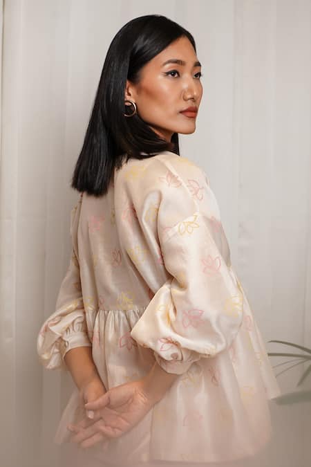 Shop_Shiori_White Chanderi Floral Motifs V Neck Double Leaf Printed Top_Online_at_Aza_Fashions