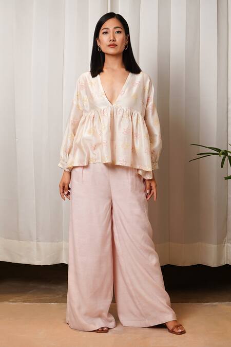 Shiori_Pink Crepe, Slub Chanderi Plain Flared Pant_Online_at_Aza_Fashions