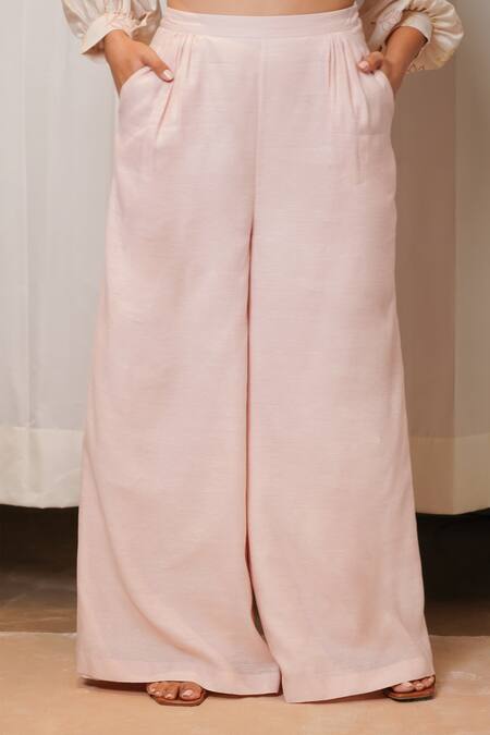Buy_Shiori_Pink Crepe, Slub Chanderi Plain Flared Pant_Online_at_Aza_Fashions