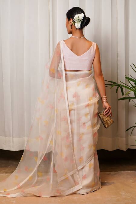 Shop Shiori White Chanderi, Silk Organza Bougainvillea Print Saree at Aza Fashions Shop_Shiori_White Chanderi, Silk Organza Bougainvillea Print Saree_at_Aza_Fashions