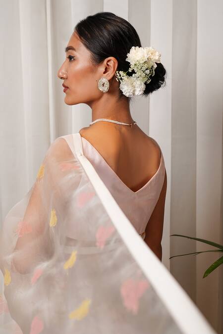 Shop Shiori White Chanderi, Silk Organza Bougainvillea Print Saree Online at Aza Fashions Shop_Shiori_White Chanderi, Silk Organza Bougainvillea Print Saree_Online_at_Aza_Fashions