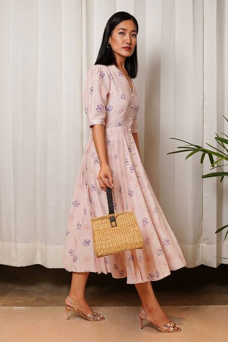 Shop Shiori Pink Crepe, Slub Chanderi Floral Motifs V Neck Panelled Printed Dress at Aza Fashions Shop_Shiori_Pink Crepe, Slub Chanderi Floral Motifs V Neck Panelled Printed Dress_at_Aza_Fashions