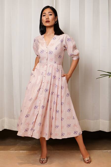 Shiori Pink Crepe, Slub Chanderi Floral Motifs V Neck Panelled Printed Dress Online at Aza Fashions Shiori_Pink Crepe, Slub Chanderi Floral Motifs V Neck Panelled Printed Dress_Online_at_Aza_Fashions