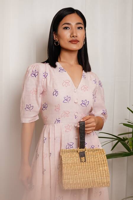 Buy Shiori Pink Crepe, Slub Chanderi Floral Motifs V Neck Panelled Printed Dress Online at Aza Fashions Buy_Shiori_Pink Crepe, Slub Chanderi Floral Motifs V Neck Panelled Printed Dress_Online_at_Aza_Fashions