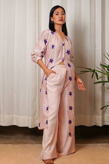 Shiori_Pink Chanderi Floral Motifs V Neck Garden Print Tunic_Online_at_Aza_Fashions